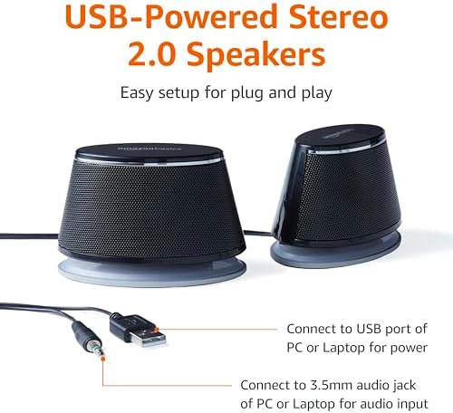 Amazon Basics Stereo 2.0 Speakers for PC or Laptop, 3.5mm Aux input, USB-Powered, 1 Pair, Black - Image 2