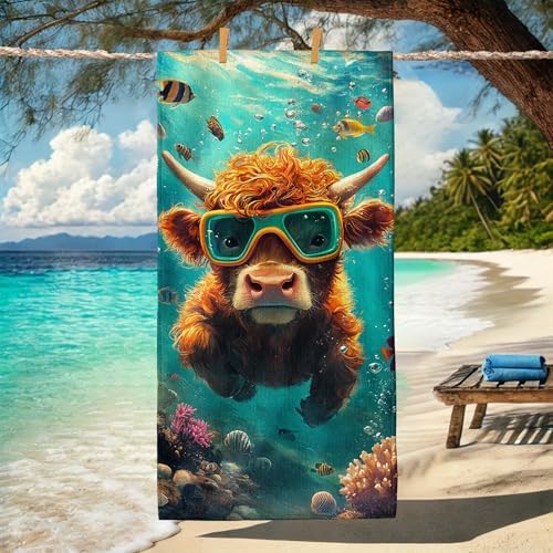 Colorful Highland Cow Beach Towel Microfiber Bohemian Underwater Design Quick Dry Absorbent Sand Free Lightweight Beach Blanket for Pool Gym Vacation Essentials 70x35 Inch