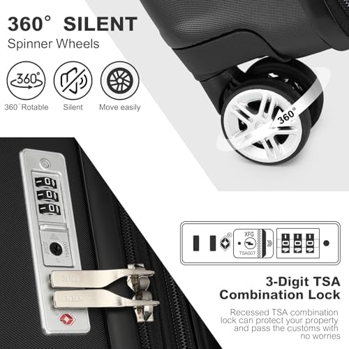Kono 20 Inch Cabin Suitcase | Lightweight Hard Shell Luggage | TSA Lock | Dual Spinner Wheels | Small Hand Luggage for Travel & Business (Black,55x35x22cm) - Image 3