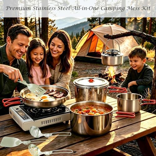 18/8 Stainless Steel Camping Cookware Set, Family Size 6 to 8 People Pots and Pans with Utensils and Kettle, Outdoor Cooking Kit with Carrying Bag - Image 9