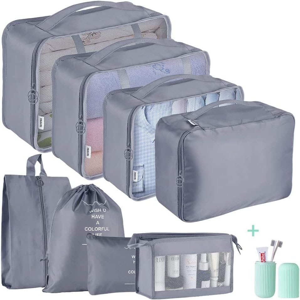 Packing Cubes for Suitcase,Geediar 9 PCS Travel Luggage Packing Organizers Waterproof Travel Essentials Bag Clothes Shoes Cosmetics Toiletries Storage Bags(a-Grey)