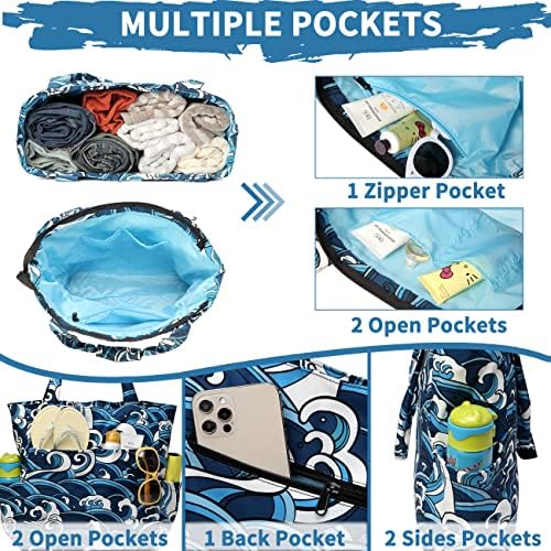 Foldable Beach Bags for Women with Zip, 22.7L Water Resistant Medium Summer Holiday Tote Bag Lightweight Sandproof for Swimming Pool Cruise Sea Wave - Image 4