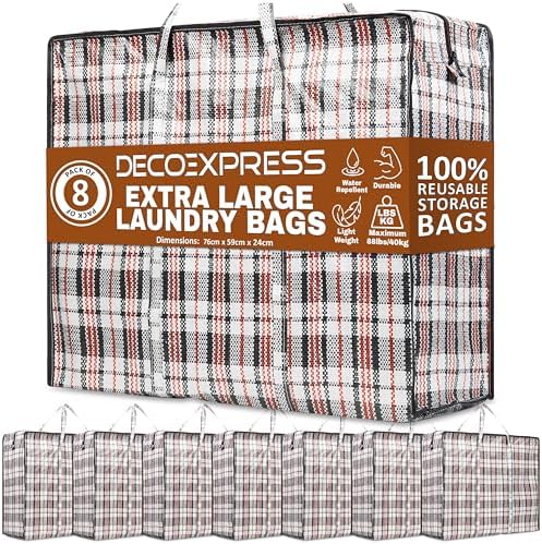 DECO EXPRESS Laundry Bags XXL, Pack of 8, 107L Strong, Durable & Reusable Extra Large Storage Bags with Zips, Ideal for Moving, Shopping, Packing, Laundry & Clothes Storage (76 X 59 X 24 CM)