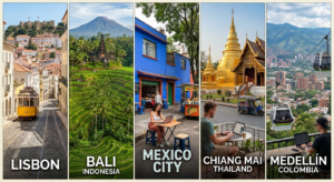 grid graphic of 5 digital nomad cities: Lisbon, Bali, Mexico City, Chiang Mai, Medellín